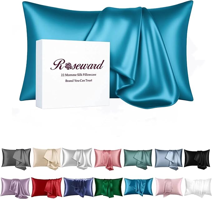 USA Made 100% Silk Pillowcase Peacock, Certified 6A Grade 22 Momme Mulberry Silk Pillow Case for Women Hair and Skin Protection, Anti Face Wrinkle, 1 Pc 20"x26" (Standard, Peacock Blue)