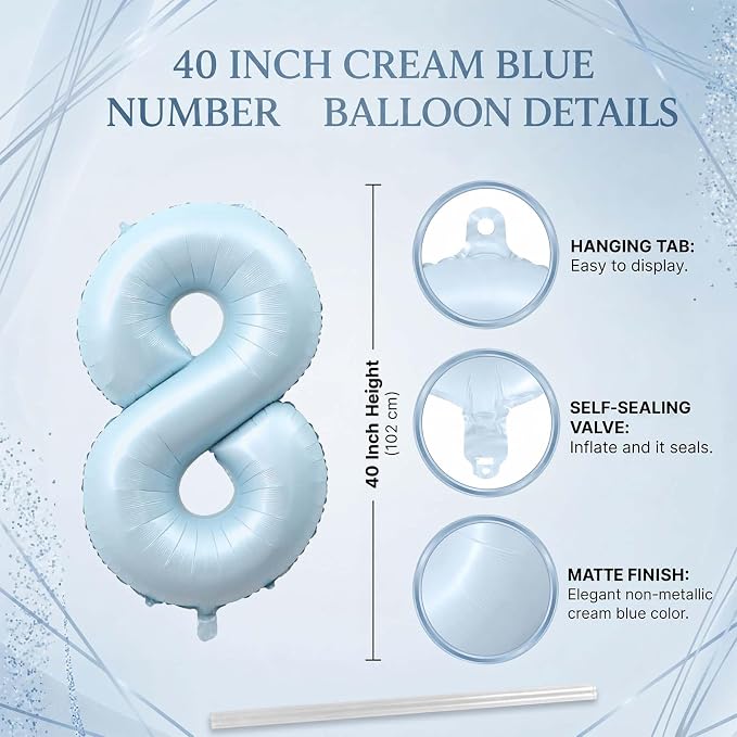 Baby Blue Number 8 Balloon 40 Inch, Sky Pastel Foil Numeral Party Supplies | - Image 4
