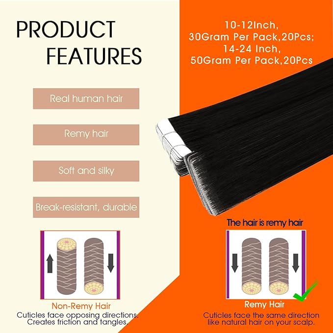 Full Shine Injection Tape in Hair Extensions Human Hair Color 1B Off Black Human Hair Tape in Extensions 24Inch Long Straight Skin Weft 50G 20Pcs At Home Hair Transformation Invisible Extension