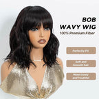 NOBLE Bob Wig with Bangs Short Wavy Wig for Women Dark Brown Shoulder Length Wig Heat Resistant Synthetic Wigs for Daily Party Use 12 Inches
