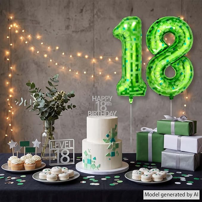 40 Inch Lime Green Pixel Number 18 Balloon, Adult Gamer 18th Bday Decor | 40" - Image 7