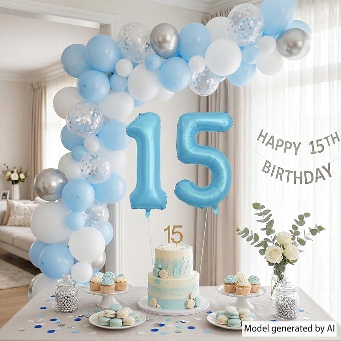 Pearlescent Blue Number 15 Balloon 40 Inch, Large Light Blue Foil 15th Birthday - Image 3