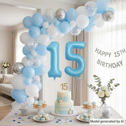 Pearlescent Blue Number 15 Balloon 40 Inch, Large Light Blue Foil 15th Birthday - Image 3