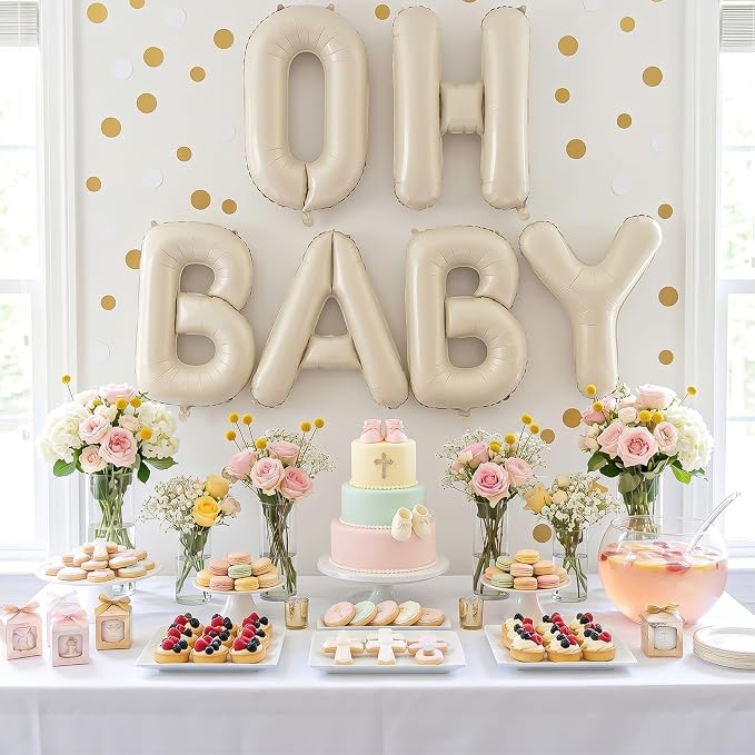 Cream OH BABY Balloons, 40 Inch Letter Oh Baby Balloon Banner Beige - Image 6