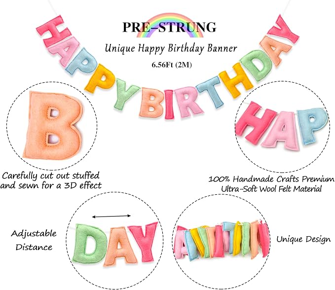 Pre-Strung 3D Pastel Felt Happy Birthday Banner, Macaron Birthday Garland | - Image 5
