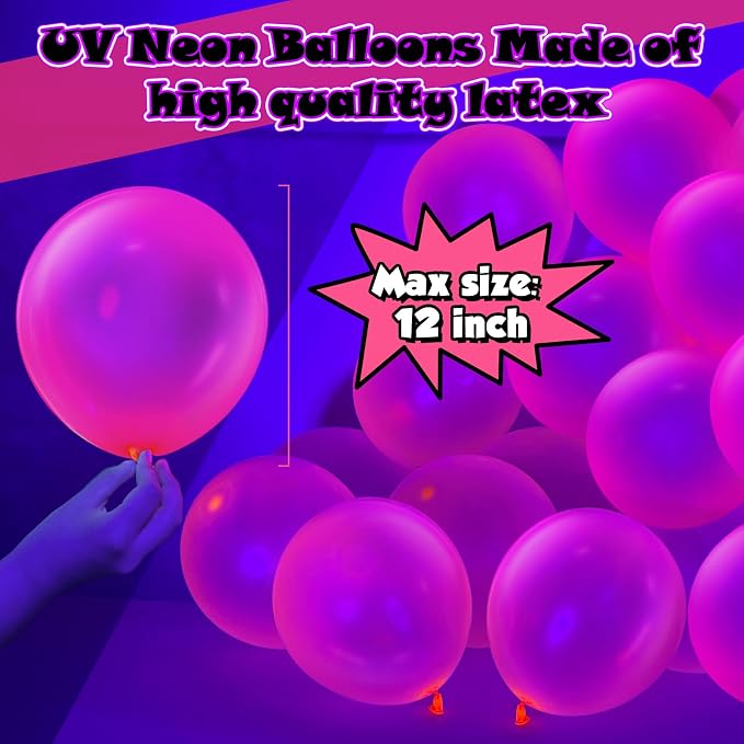 100 Pcs UV Neon Pink Balloons 12 inch Neon Party Supplies, Glow in the Dark - Image 2