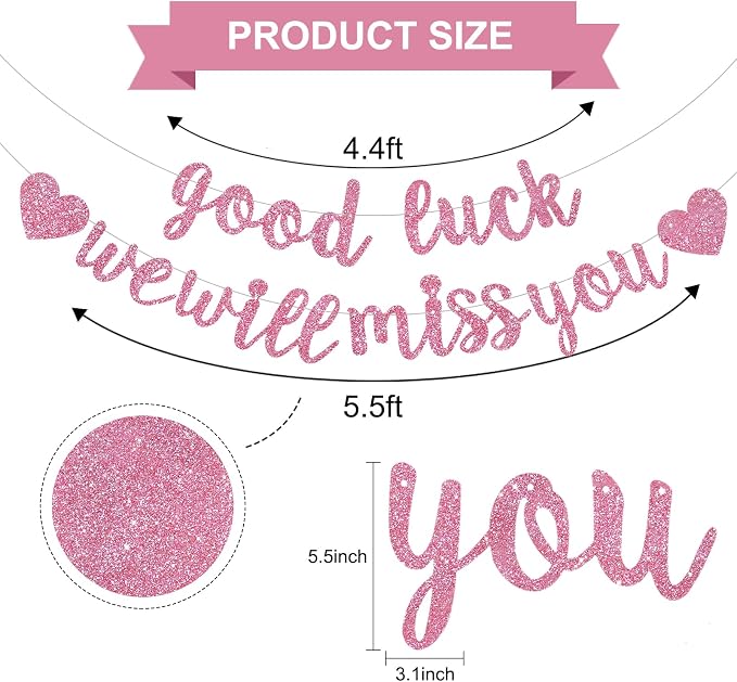 BEISHIDA Glitter Pink Good Luck We Will Miss You Banner Party Decor No DIY | - Image 2
