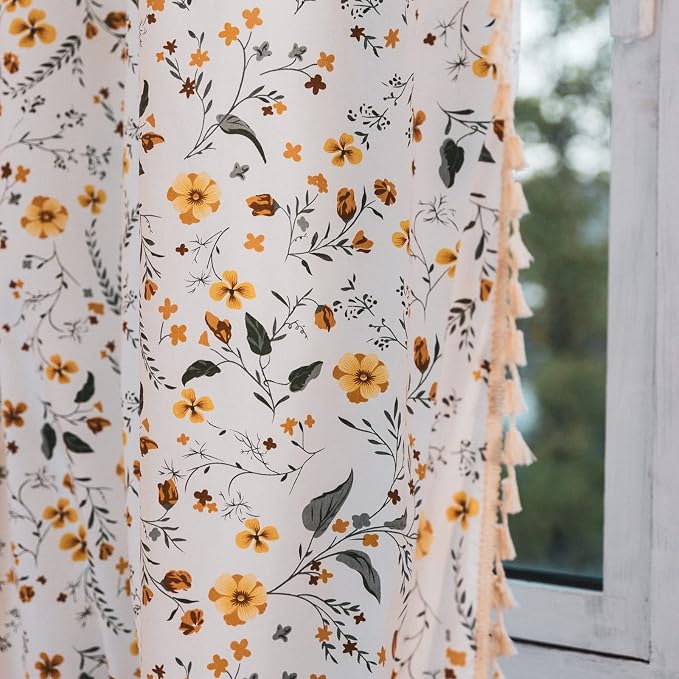 Sutuo Home Boho Curtain Semi-Blackout Yellow Florals Print Cotton Linen Fabric - Image 5
