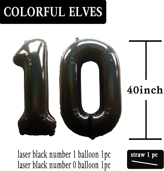 Laser Black Number 10 Balloons 40 Inch Giant Number Black 10 Foil Mylar Balloons - Image 2