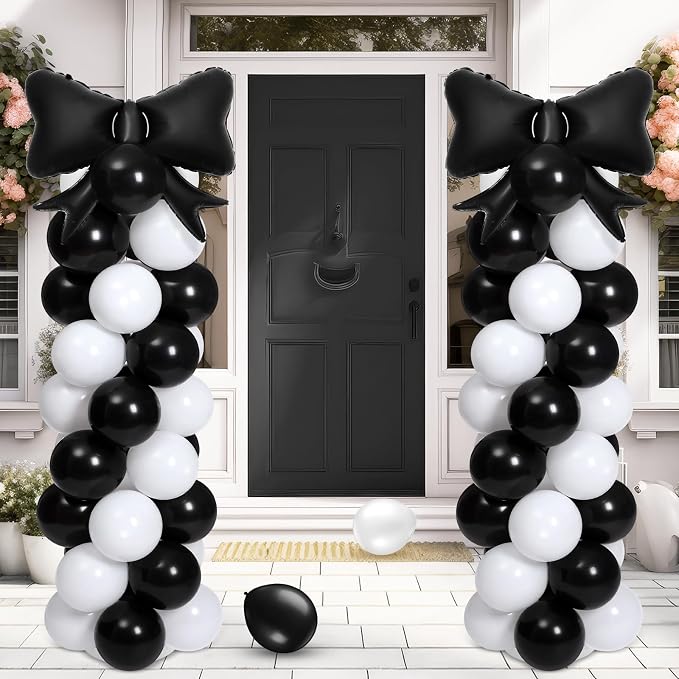 2 Sets Black White Bow Balloon Column Stand Kit Includes 2 Bows & 100 Latex - Image 8