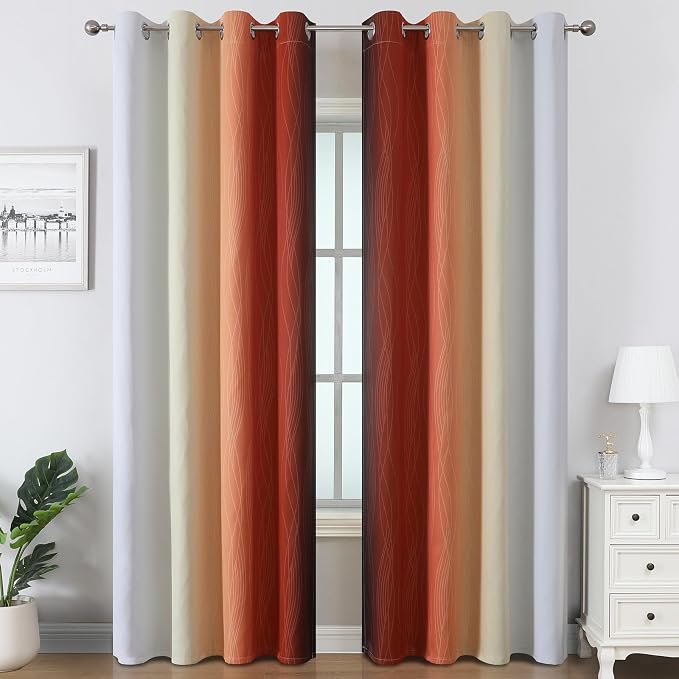 Estelar Textiler Burnt Orange & Greyish White Ombre Blackout Curtains 96 Inch - Image 2
