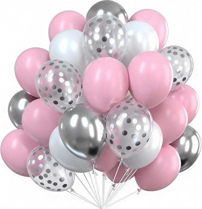 PartyWoo Pink White and Silver Balloons 66pcs 12 Inch Pink White Balloons | by PartyWoo