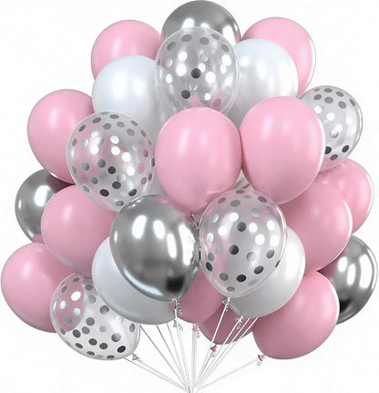 PartyWoo Pink White and Silver Balloons 66pcs 12 Inch Pink White Balloons | by PartyWoo