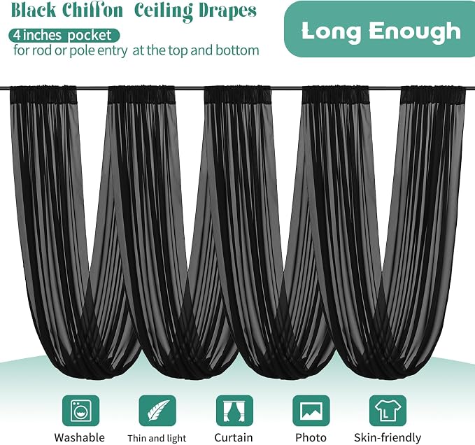 6 Panel Black Wedding Drapes - 5ft x 30ft Sheer Voile Chiffon Curtains - Image 3