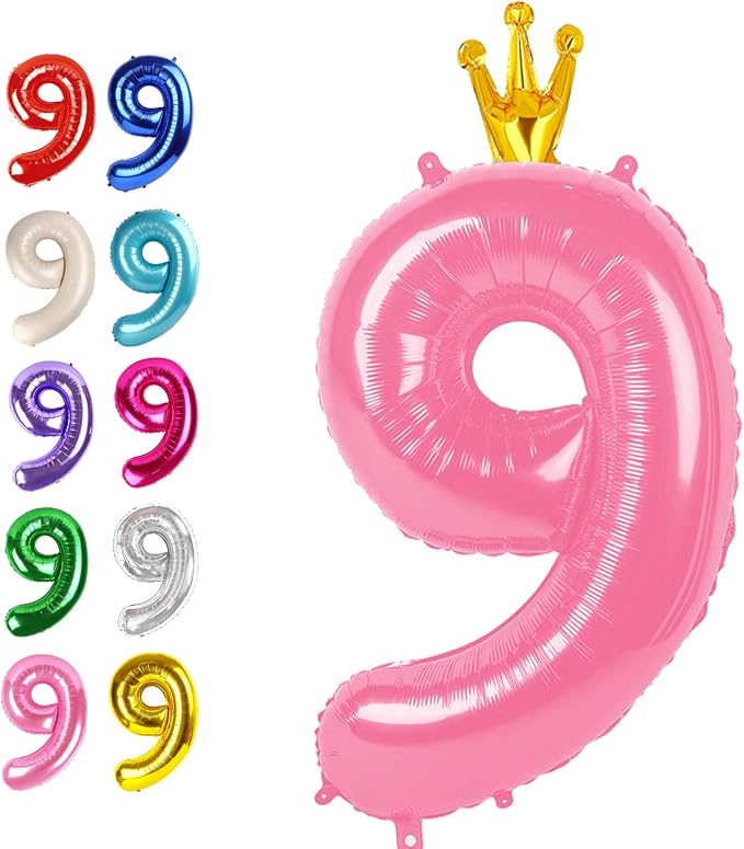 Pink Crown Number 9 Balloon 40 inch, Big Pink 9th Birthday Party Decorations | by Upgesy