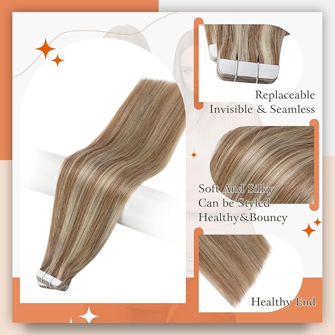 Full Shine Tape in Human Hair Extensions 22Inch Pu Tape in Hair Extensions Color Golden Brown Highlighted Bleach Blonde Seamless Tape ins Skin Weft Hair Extension Tape ins 50G 20Pcs Double Sided Tapes