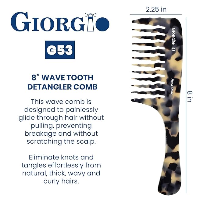 Giorgio G53 Wide Tooth Comb for Curly Hair Detangler, Wide Tooth Combs for Women with Thick Hair, Large Tooth Comb For Wet Hair and Dry, Handmade Rake Comb Detangler Saw-Cut and Hand Polished