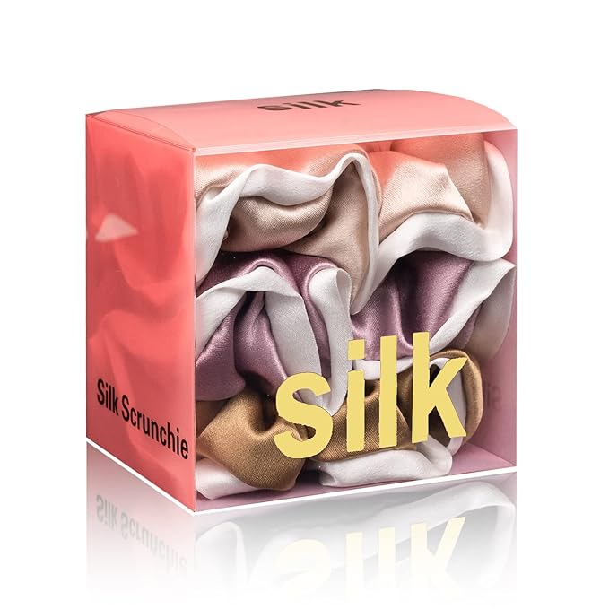 Silmer Silk Scrunchies for Hair 100% Mulberry 3 Pack(Pale Mauve, Apricot,Champaign Gold)