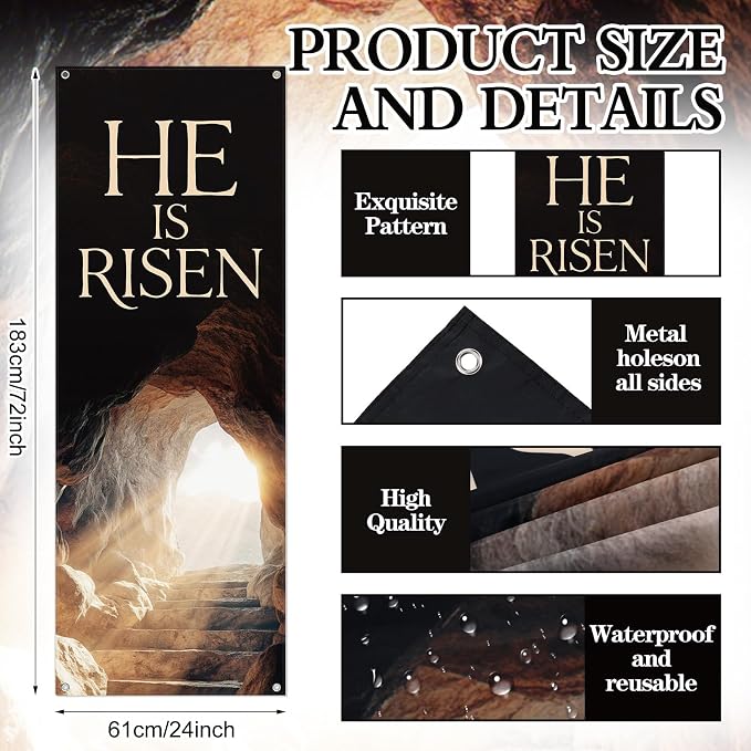 Hahafelt HE IS RISEN Banner for Church 24 x 72 Inch Easter Adjustable X-Stand - Image 2