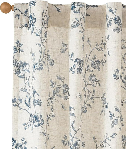 jinchan Blue Floral Linen Curtains 63 Inch French Country Back Tab 2 Panels | - Image 2