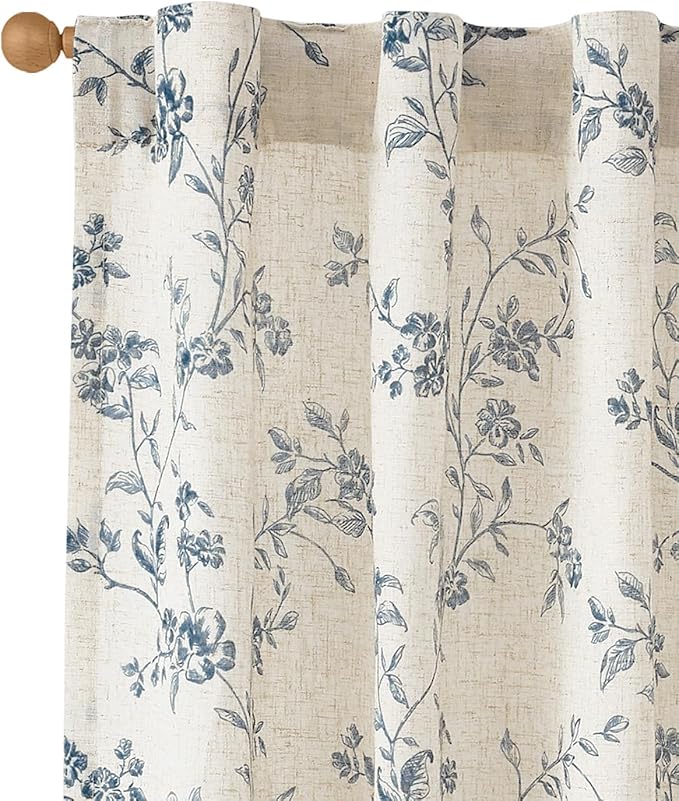 jinchan Blue Floral Linen Curtains 96 Inch French Country Back Tab 2 Panels | - Image 2