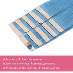 WENNALIFE Tape in Hair Extensions Human Hair SkyBlue Tape in Extensions, 10pcs 25g 14 inch Remy Invisible Tape Ins Straight Colored Soft Real Human Hair Tape in Extensions Refill Set Extensions