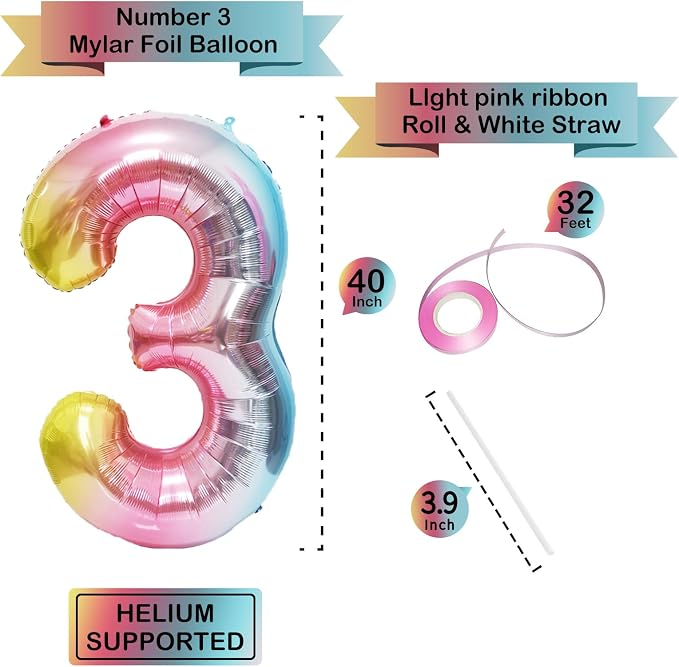 40 Inch Giant Rainbow Number 3 Balloons, Birthday Balloons, Helium Mylar Foil - Image 2