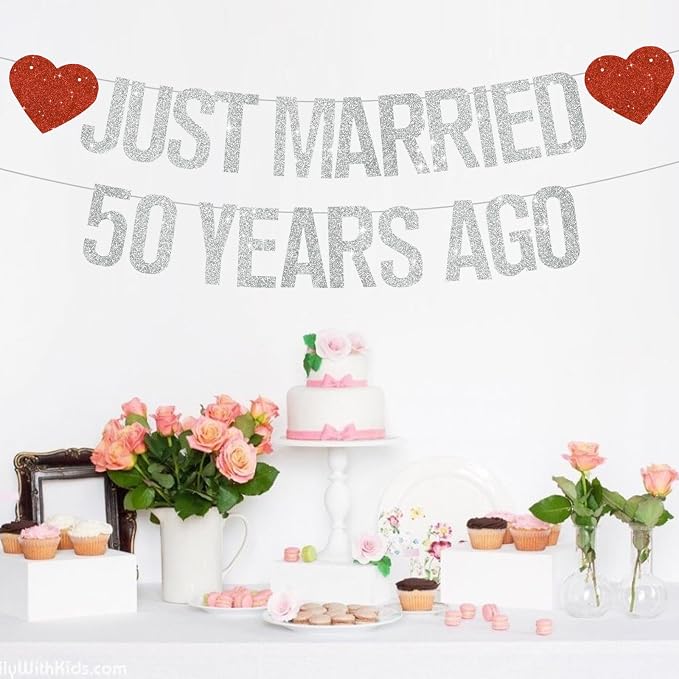 Silver Glitter Just Married 50 Years Ago Banner, NO DIY, Pre-Strung 50th - Image 6