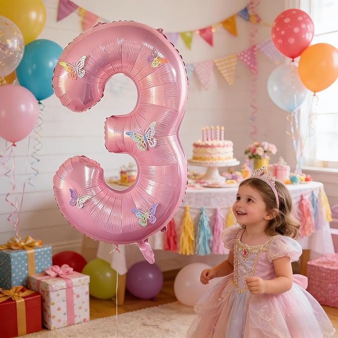40 Inch Number Balloon Pink Large Mylar Foil Pink Number Balloons and Butterfly - Image 5