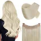 RUNATURE Wire Hair Extensions Blonde Human Hair Extensions with Transparent Fish Line, Real Human Hair, Clip in One Piece Extensions 18 Inch 80g #60 Platinum Blonde