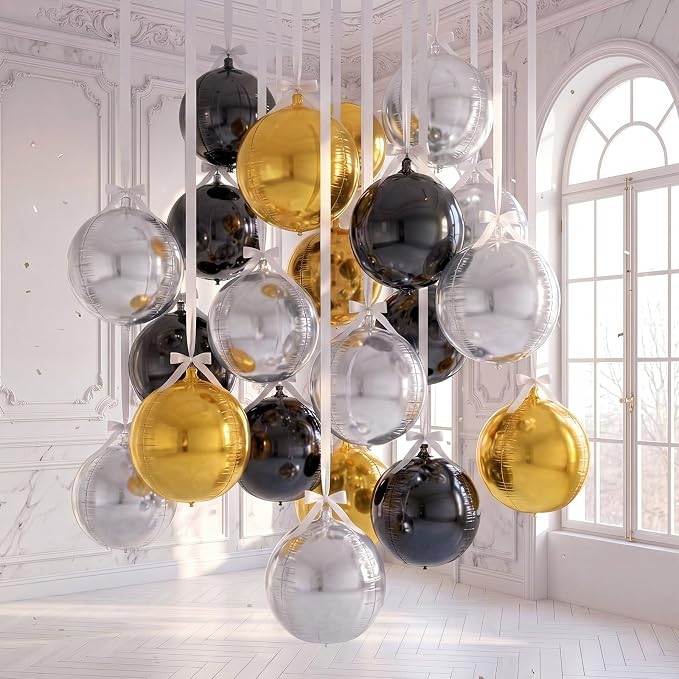 18 Set 22 Inch Black Silver Gold 4D Giant Round Foil Balloon Bulk Metallic by Charnoel