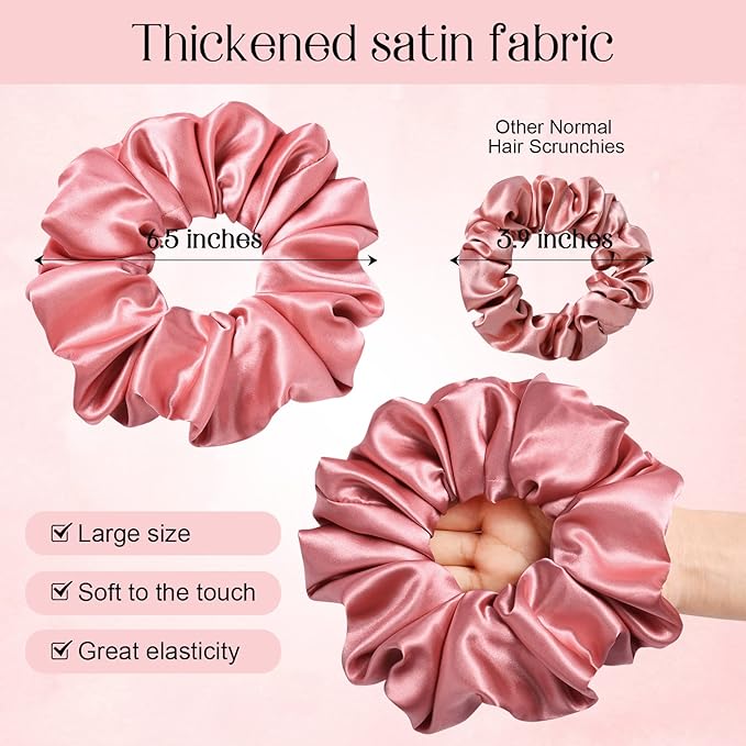 CEELGON Large Silk Satin Scrunchies for Women - Big Jumbo Hair Ties for Thick Curly Hair - Pack of 6 (Black, Pink, Dusty Blue, Gold, White)