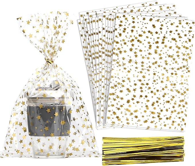 100 Pcs Star Printed 8"X 12" Gift Wrap Cello Cellophane Treat Bags Party Favor by COQOFA