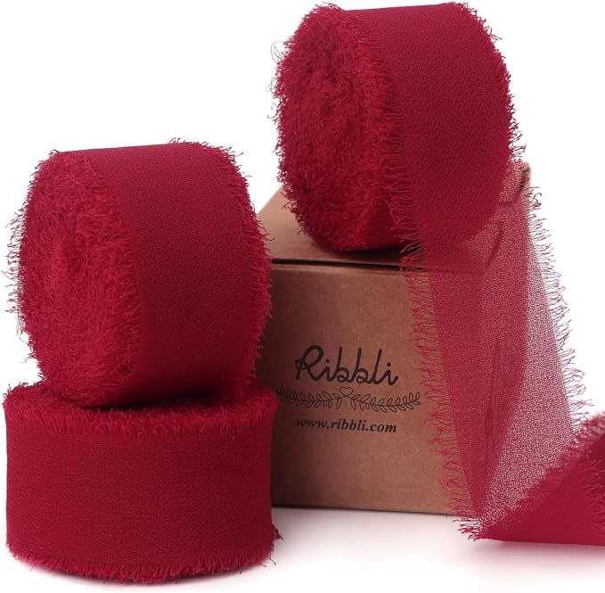 Ribbli Dark Red Ribbon 1 Inch x 3 Rolls Total 24 Yards Handmade Fringe Chiffon by Ribbli