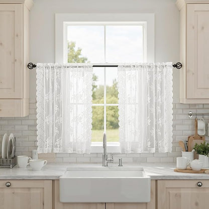 Kotile Ivory Lace Kitchen Curtains Rustic Floral W42 x L36 Inch, 2 Panels | Rod - Image 2