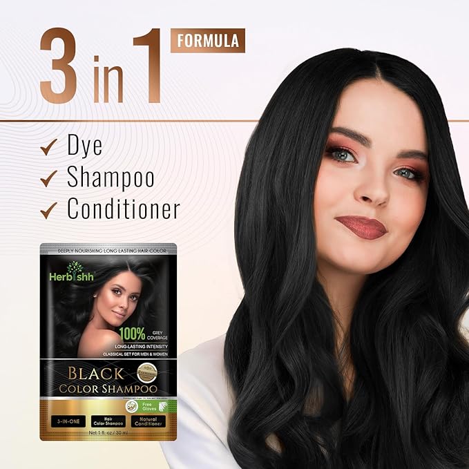 Herbishh Natural Hair Dye Shampoo with Argan Mask - Long-Lasting Color for Gray Hair - Travel Size, 10+1 Pack, Ammonia-Free (Black)
