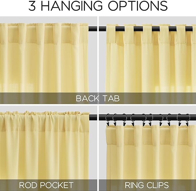 Yellow Linen Semi Sheer Curtains 108 Inches Long 2 Panels Set Back Tab Loop - Image 3