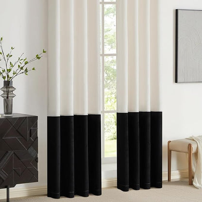 Modern Cream White Black Decorative Velvet Curtains 102 inches 2 Panels | Color - Image 4