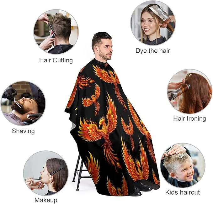 Women Fire Flame Bird Black Art Hair Salon Cutting Cape, Large Long Hairdressing Apron for Home Stylists, Haircut Tools