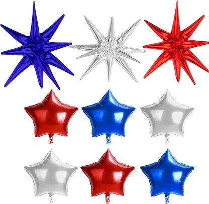 4th of July Red Blue Silver Star Balloons, 22Inch Explosion Balloons by Nudoraw
