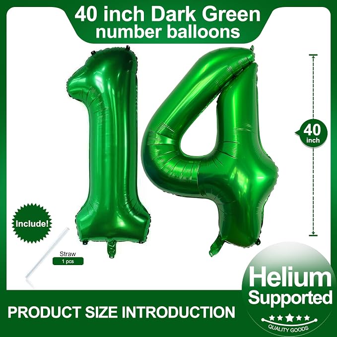Number 14 Dark Green Balloons 40 Inch Giant Green 14 Numer Foil Helium Balloons - Image 2