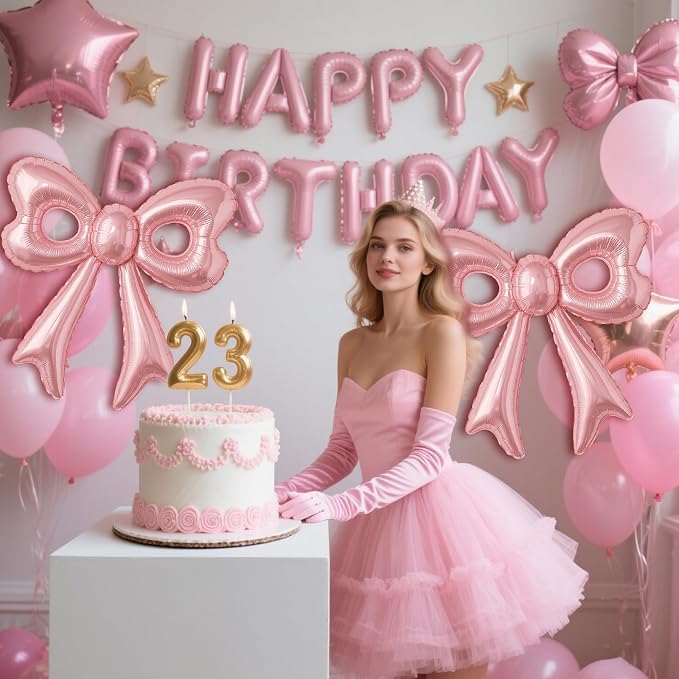 Bow Number 2 Birthday Balloons, 40” Pink Aluminum Foil Balloons Happy Birthday - Image 8