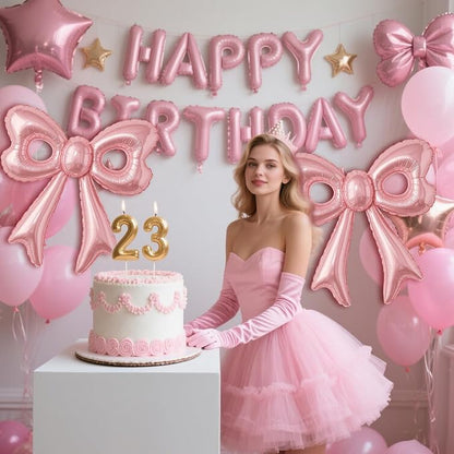 Pink Happy Birthday Balloons, 31”Huge Pink Bow Aluminum Foil Balloons - Image 2