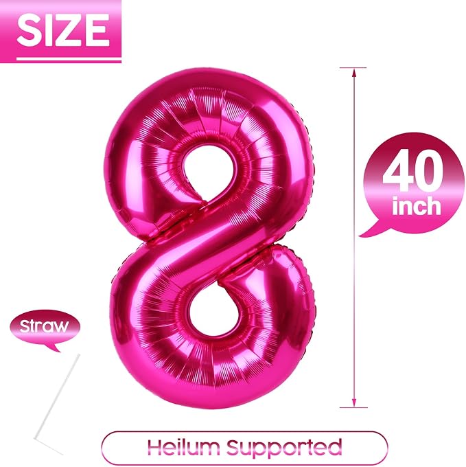 8 Balloon - Hot Pink Birthday Number Balloons, 40 Inch Party Decorations | Hot - Image 5