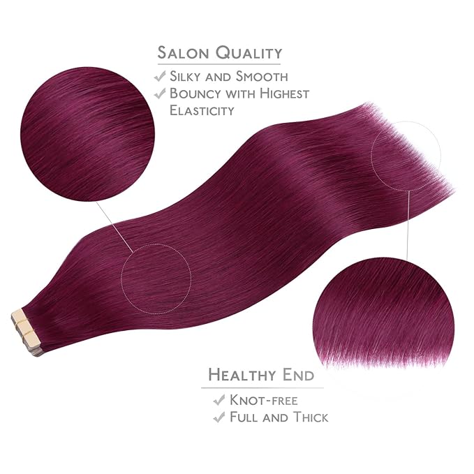 WENNALIFE Tape in Hair Extensions Human Hair, 20pcs 40g 12 inch Light Burgundy Remy Hair Extensions Straight Human Hair Tape in Extensions Skin Weft Tape Extensions Human Hair