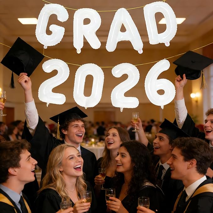 White GRAD 2026 Banner Balloons, 16 Inch Mylar Foil letter Graduation Balloons - Image 5