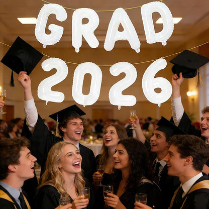 White GRAD 2026 Banner Balloons, 16 Inch Mylar Foil letter Graduation Balloons - Image 5