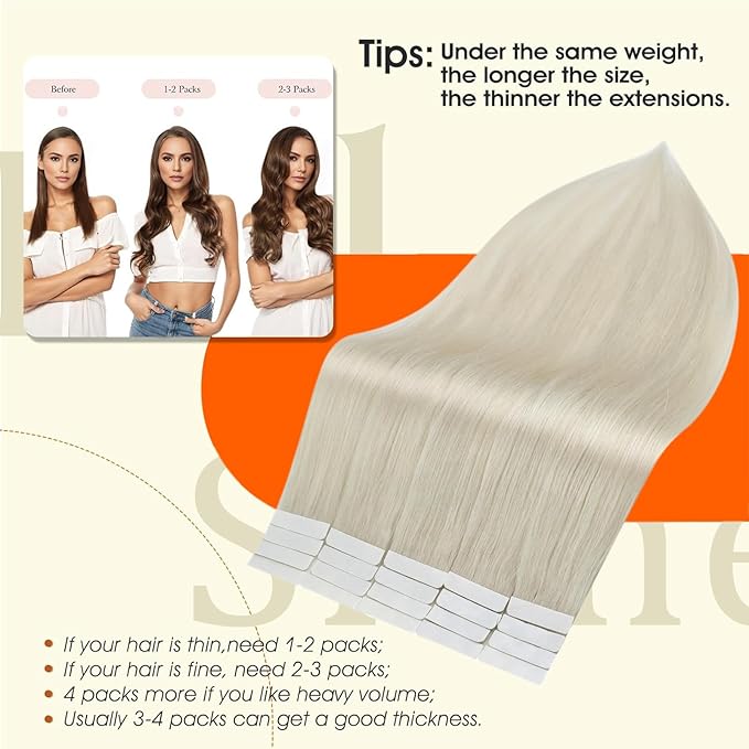 Full Shine Tape In Hair Extensions White Blonde Tape Hair Extensions Real Human Hair Lightweight Seamless Skin Weft Silky Straight 16Inch Remy Brazilian Extension 50G 20Pcs Natural