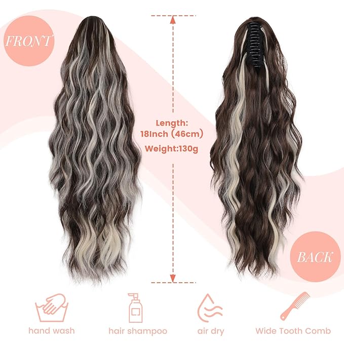 Claw Wavy Ponytail Extension 18 Inch for Women Curly Pony Tail Clip in Hair Extensions Fluffy Natural Looking Synthetic Hairpiece for Daily Use (Ash Brown with Platinum Blonde)