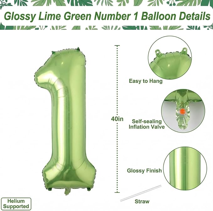 Light Green Number 1 Balloon 40 Inch, Shiny Foil Numeral Party Supplies | - Image 4